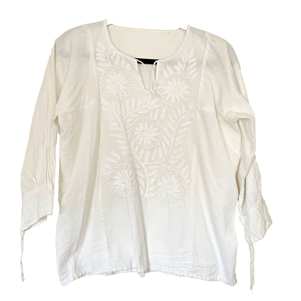 Boho Chic Embroidered Blouse Mexican Hand Made Organic 100% Cotton Tunic Sz M/L